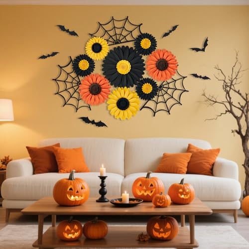 Halloween Daisy Paper Decorations for Office & Wall - Bats, Webs, Fall Flowers - Halloween Party Decor