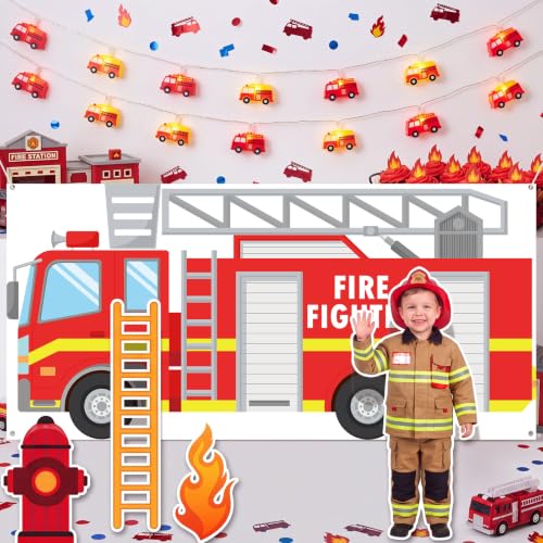 Firefighter Party Decorations Backdrop Set - Firetruck & Burning Building 6ft