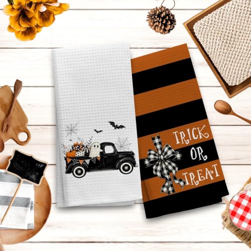 Halloween Pumpkin Dish Towels Set of 2 - Goblin Car Design Kitchen Hand Towels 16x24