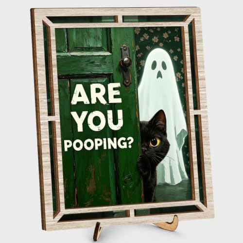 Are You Pooping? Halloween Cat Ghost Wooden Bathroom Sign - Funny Wall Decor - Are
