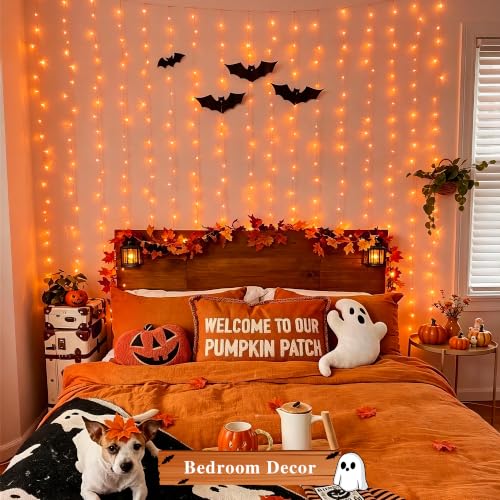Halloween Curtain Lights - 200 Orange LED String Lights for Indoor Outdoor Decor - Remote Control & Dual Power