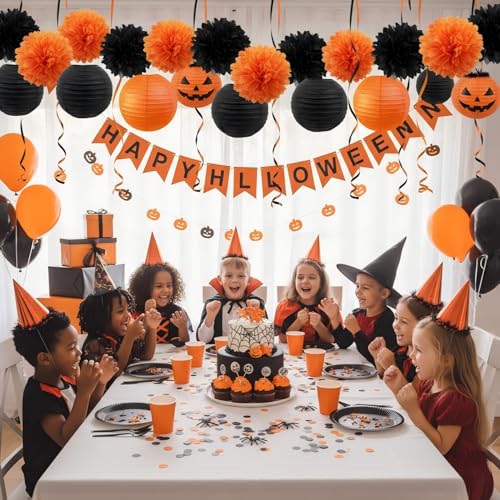 Black and Orange Paper Lanterns Set of 12 Halloween Hanging Decorations