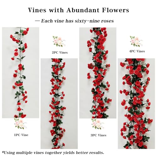 Red Artificial Flower Garland 24FT - Faux Rose Vines for Wedding & Home Decor