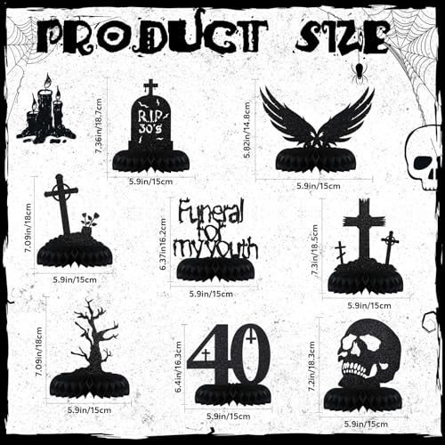 Black Glitter 8-Pack Death to My 30s Birthday Decorations - 40th Party Variation of Black / 40th