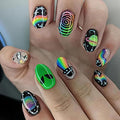 24 Pcs Short Oval Press On Nails with Rainbow Alien Design - Night Sky Variation