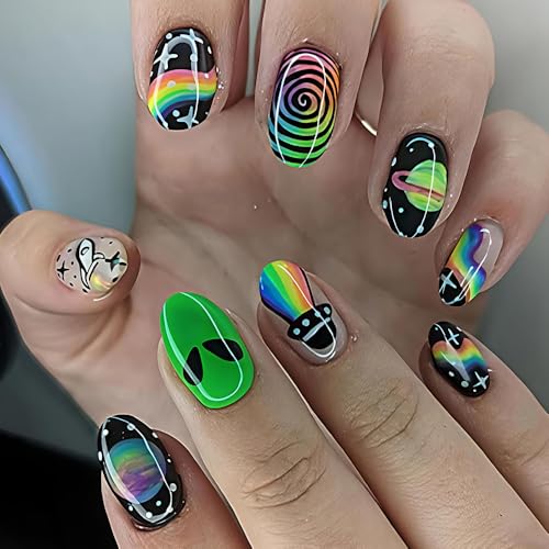 24 Pcs Short Oval Press On Nails with Rainbow Alien Design - Night Sky Variation