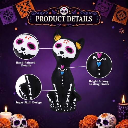 Day of the Dead Skeleton Cat Figurines Set - Halloween Decor, Resin Gothic Statues