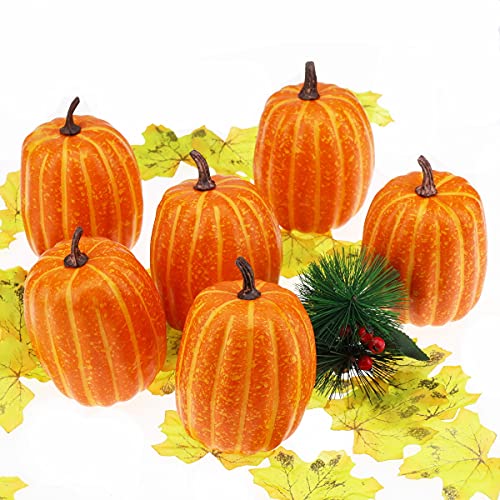 Artificial Orange Pumpkin Set - 6 Faux Fall Decorations for Halloween & Thanksgiving