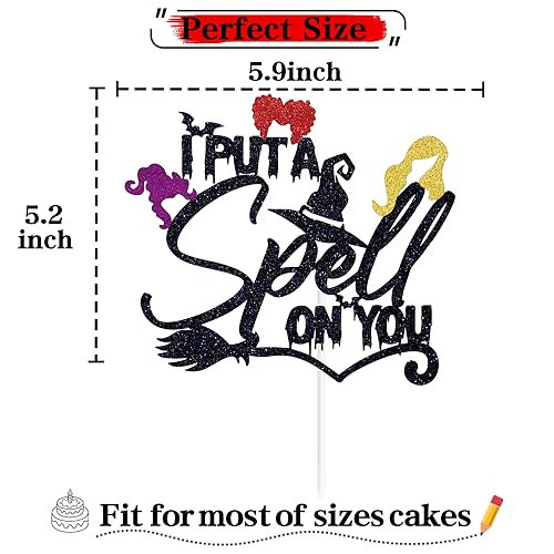 Halloween Witch Spell Cake Topper - Black Glitter Party Decor, 6x8.7 Inches