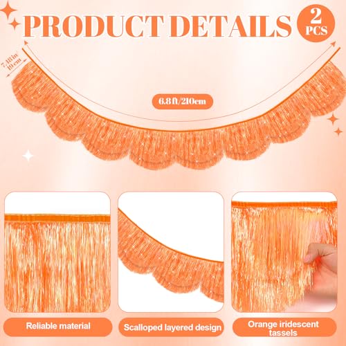 Orange Iridescent Fringe Banner - 6.6ft Scalloped Tassel Garland, 2 Pack