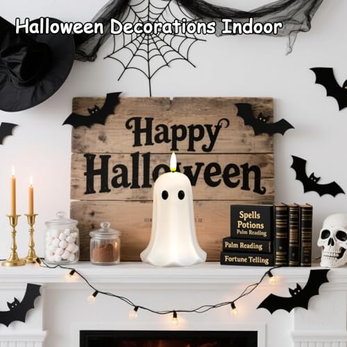 Halloween Ghost Flameless Candle with Timer - LED Flickering Flame, Real Wax, Remote Control, Ghost Light Variation
