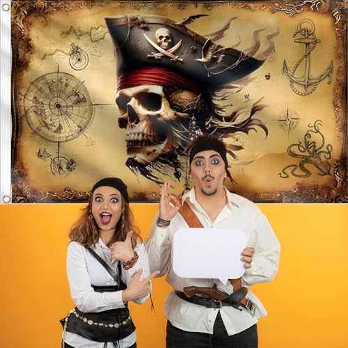 Pirate Backdrop 5x3ft Treasure Map Banner Skull for Pirate Party Halloween Photo Booth