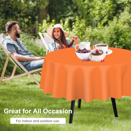 Disposable Orange Round Plastic Tablecloth - 12 Pack, 84 Inch for Indoor Outdoor Events