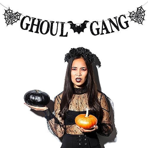 Halloween Banner - Ghoul Gang Horror Party Decorations, Reusable Glitter Sign