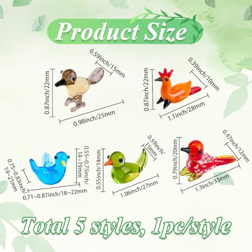 Hand Blown Glass Bird Figurine Set - 5 Styles Mini Lampwork Animal Decor - Birds & Doves Set