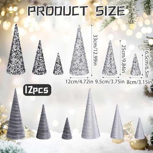 Ireer 12 Pcs Silver Gray Christmas Cone Trees Velvet Tree Decor - Sequin Variant