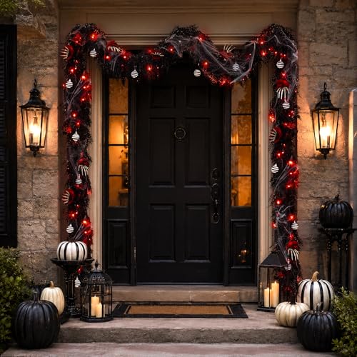 Black 9FT Prelit Halloween Garland with Lights, Skeleton Hand Roses & Web - Variation of THIS listing