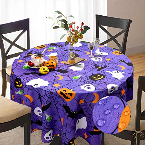 Halloween Purple Spider Web Tablecloth - Round 60 Inch Waterproof Decor
