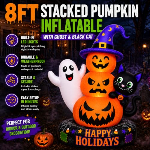 8 FT Inflatable Halloween Pumpkin Scene with Ghost Black Cat LED Lights