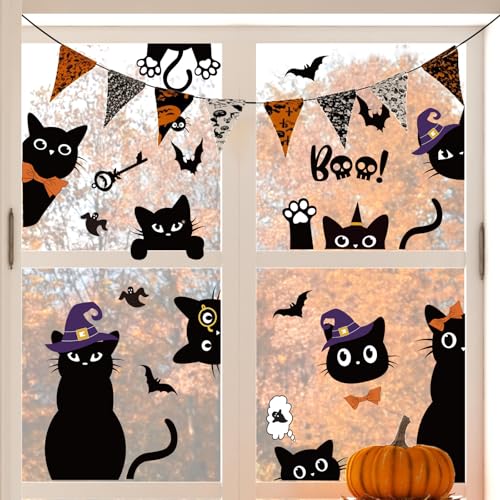 Halloween Black Cat Window Clings - Double-Sided Boo Decal Set for Glass & Mirrors, 4 Sheets