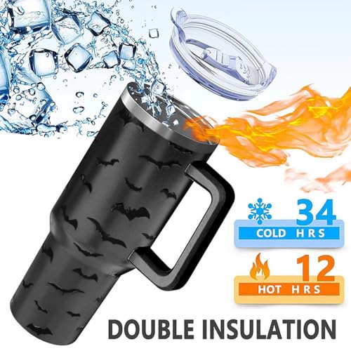 40oz Halloween Bat Print Stainless Steel Travel Mug with Handle & Straw