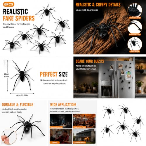 6 Pack Realistic 3D Spider Magnets for Fridge Car Garage Halloween Decor