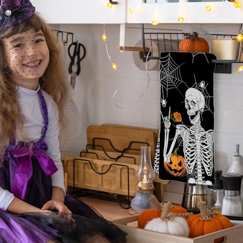 Halloween Kitchen Towel Set - Pumpkin Skeleton Hand Spider Web Black 3