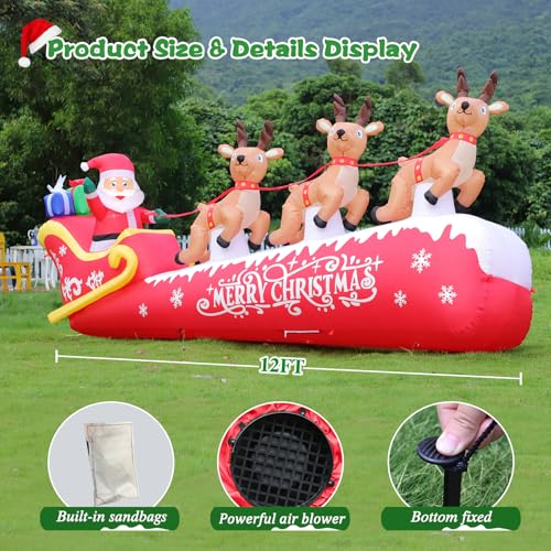 12 FT Christmas Inflatable Santa on Sleigh with Reindeer Outdoor Yard Decor LED Lights