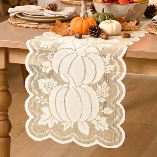 Beige Lace Jacquard Pumpkin Leaf Fall Table Runner 13x72 Inch - Artoid Mode