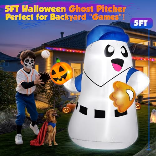 5FT Halloween Inflatable Ghost Pitcher with Pumpkin Baseball Outdoor Decor LED Lights
