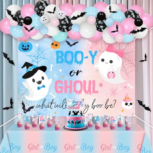 Halloween Gender Reveal Decorations Kit with Backdrop Balloon Garland & Bat Wall Stickers