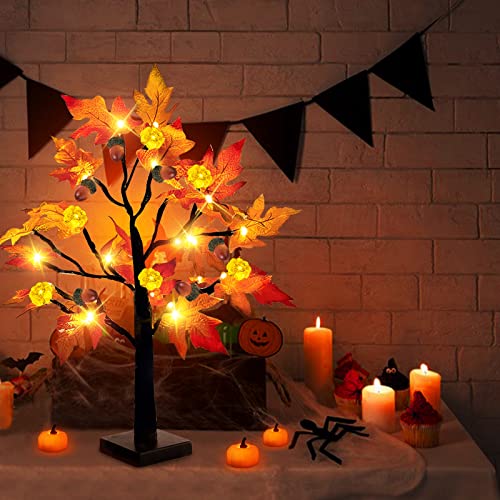 Prelit 22-Inch Fall Maple Tree with LED Pumpkin Lights - Autumn Halloween Decor