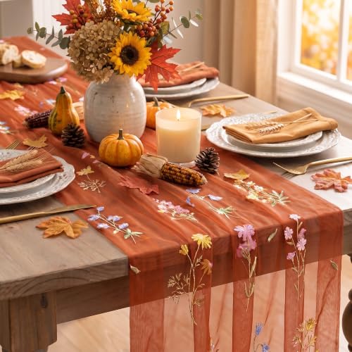 Wildflower Floral Caramel Gauze Table Runner 28 x 120 Inch - Spring Kitchen Decor