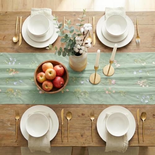 6PC Sage Green Floral Embroidery Table Runner Set - 28x120 Inches