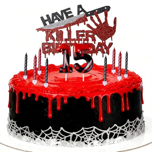 Halloween Killer Number Candles & Glitter Cake Topper Set - Red & Black Variation 35 or 37