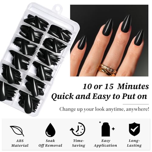 Lifextol Black Almond Press On Nails Medium Length - 240pcs Fake Nails with Glue & Tabs