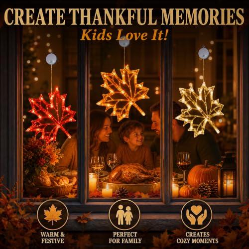 Fall Window Lights with Maple Leaves - Thanksgiving LED Decor Set, 3-Pack