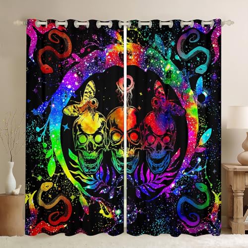 Rainbow Tie Dye Sugar Skull Blackout Curtains Set - 42W x 84L inches, 2 Panels, Halloween Decor