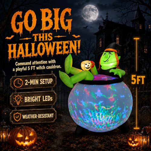 5 FT Halloween Inflatable Witch Cauldron with LED Lights - Outdoor Yard Decoration
