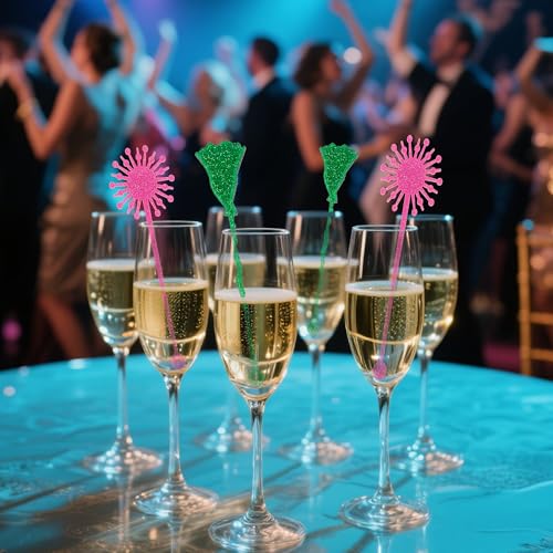 Pink and Green Party Drink Stirrers Set - Glitter Princess Crown & Witch Hat