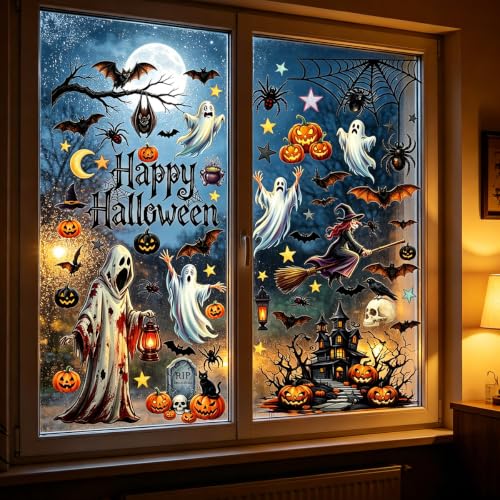 Halloween Window Clings Decor - Ghost, Bat, Pumpkin, Skull, Spiders, 8 Sheets