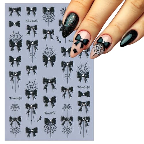 Halloween Spider Web Nail Stickers - 5D Embossed Self-Adhesive Decals with Rhinestones & Bow-Knot Pattern, 3 Sheets - Spider Web Variation