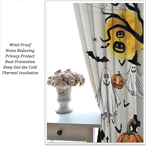 Halloween Curtains for Living Room - 42x45 Inch Cartoon Ghost Pumpkin Moon Decor - Orange Pack of 2