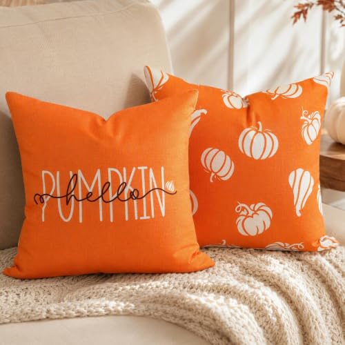 Fall Throw Pillow Covers 20x20 Set of 2 Pumpkin & Hello Pumpkin Designs - Farmhouse Decor