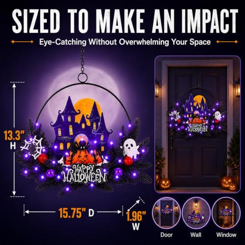 Pumpkin Ghost Halloween Wreath Decorations for Front Door - Fall Spooky Welcome Sign, Indoor/Outdoor