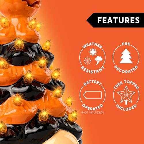 Halloween Pumpkin Gnome Ceramic Tree with Built-in LEDs - 8.5 Inch Tabletop Decor