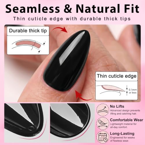 LuckForever Medium Almond Press On Nails - Black Fake Nails with Glue Tabs
