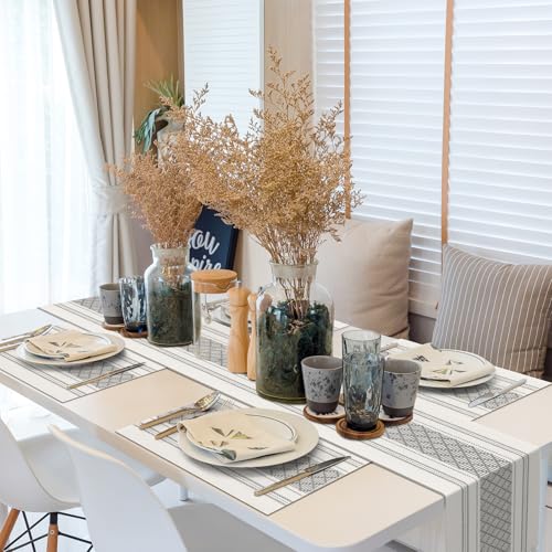 ADRIMER Boho Table Runner & Placemats Set of 6 - Grey & White, Rectangular, 72 Inch