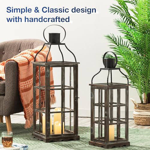 Black Farmhouse Wooden Candle Lanterns Set of 2 - 25 & 18.75 Inches, No Glass