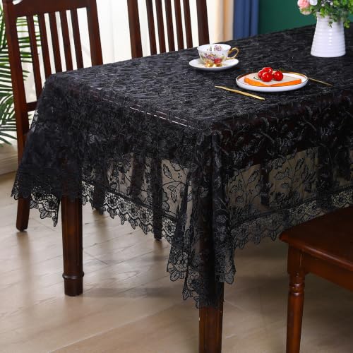 Black Rectangle Lace Tablecloth 104x60 Inches Farmhouse Picnic Cover - Versatile & Elegant